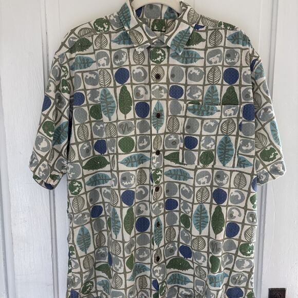 Vintage Chiamare Shirt Mens L Loop Collar SS Green Geometric Abstract Print - Picture 1 of 10